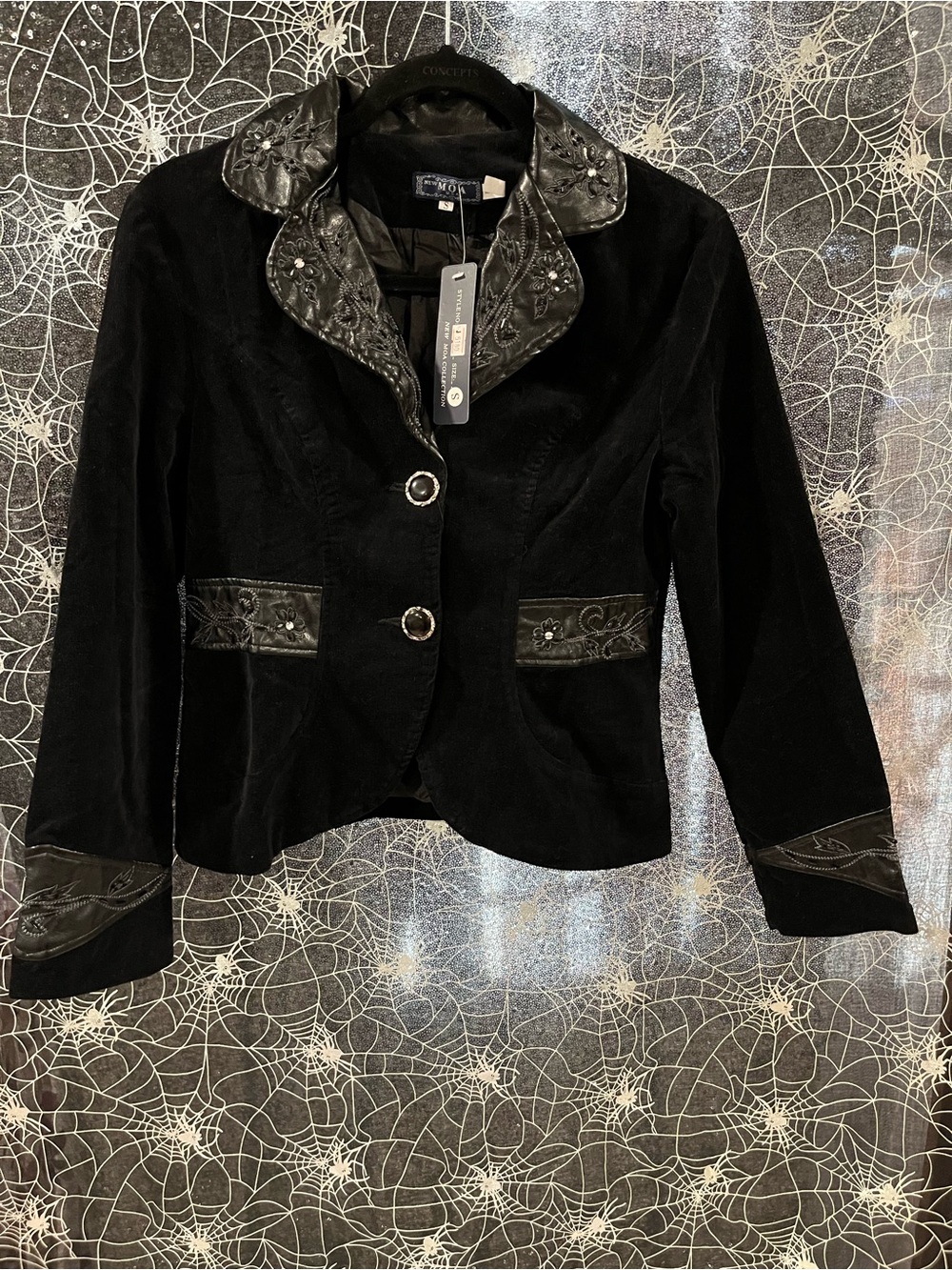 Gothic Western Black Velvet Blazer with Embroidered Trim